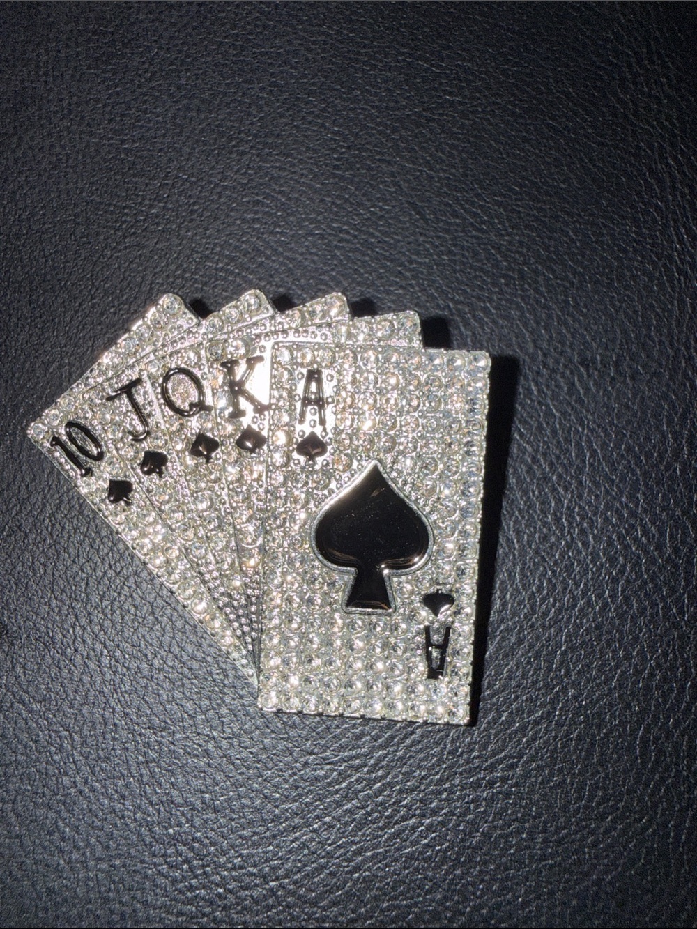 Rhinestone Playing Card Brooch Pin in Silver with Black Spade Accent